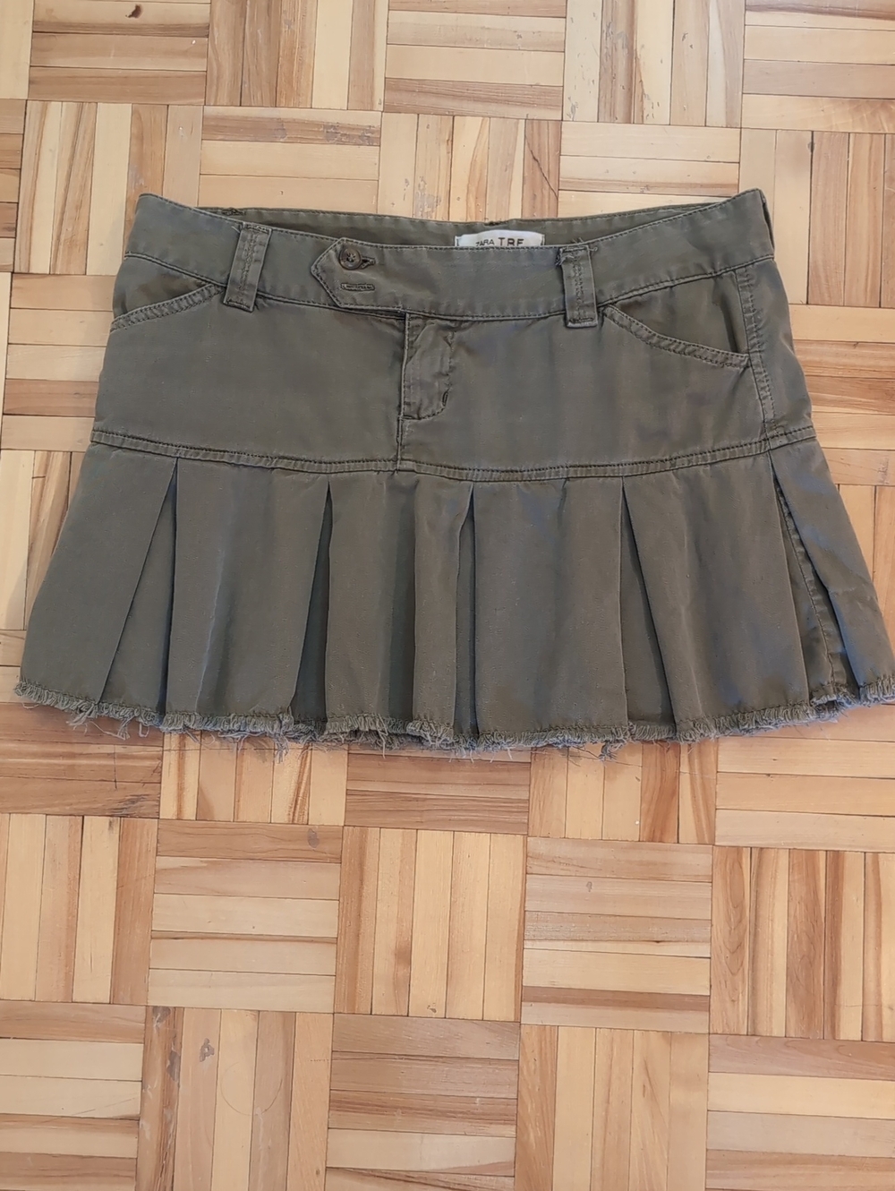 Zara Cotton Olive Green Pleated Mini Skirt Size 8